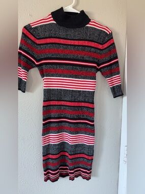 De Rotchild Striped Rib-Knit Turtleneck Midi Dress in Black and Red